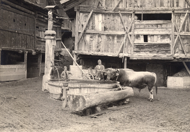 Platzbrunnen in Fiss als Viehtränke, Foto Wilhelm Angerer, um 1950