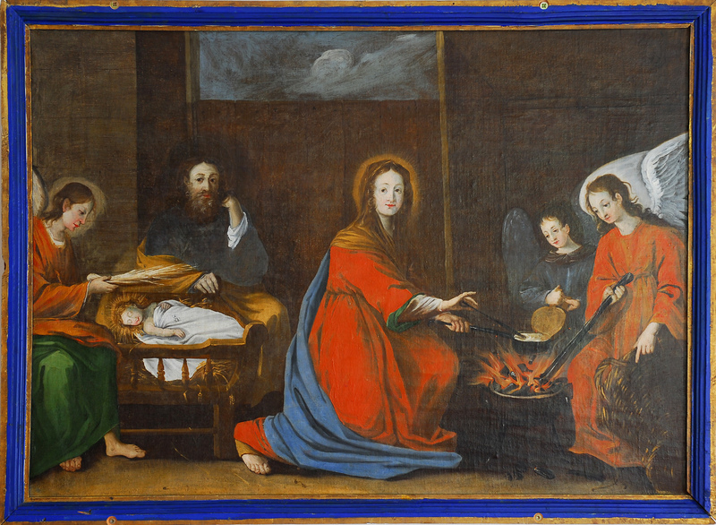 Maria kocht – Ölgemälde Geburt Christi im Oberinntal (um 1750)