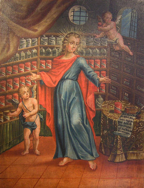 Der jugendliche Christus mit Engeln vor Apothekeneinrichtung. Ölgemälde, Raum Telfs, 18. Jahrhundert