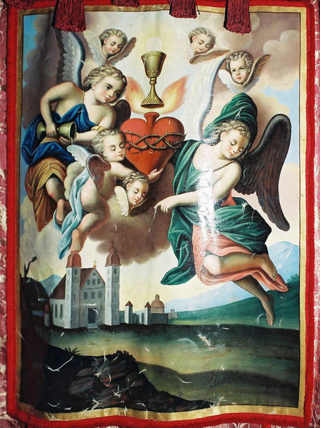 Brennendes Herz Jesu mit Kelch und Hostie auf einer Prozessions fahne, um 1800