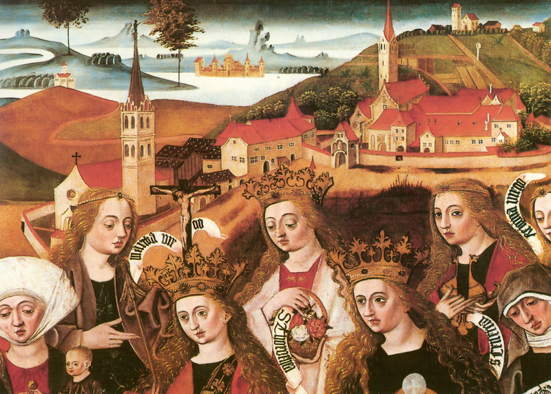 Anna selbdritt mit den zehn Jungfrauen, im Hintergrund Stift Wilten