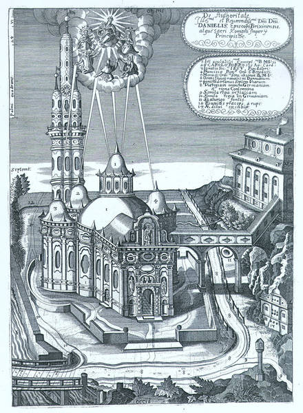 Kupferstich – Idealentwurf für die Karlskirche in Volders von Andreas Spängler (1648)