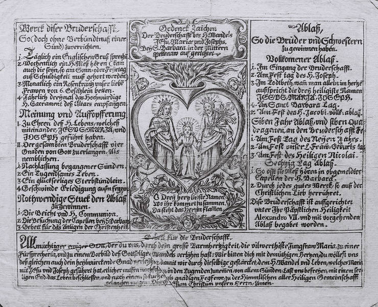 Zettel der Bruderschaft des hl. Wandels in Oberpettnau, Kupferstich, um 1700