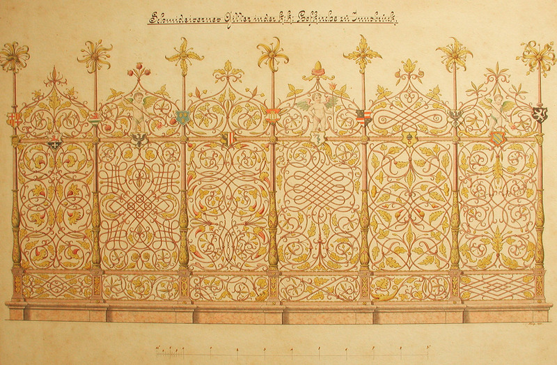 Längsseite des Maximiliangitters, kolorierte Handzeichnung auf Karton, bez. Kolp 1851
