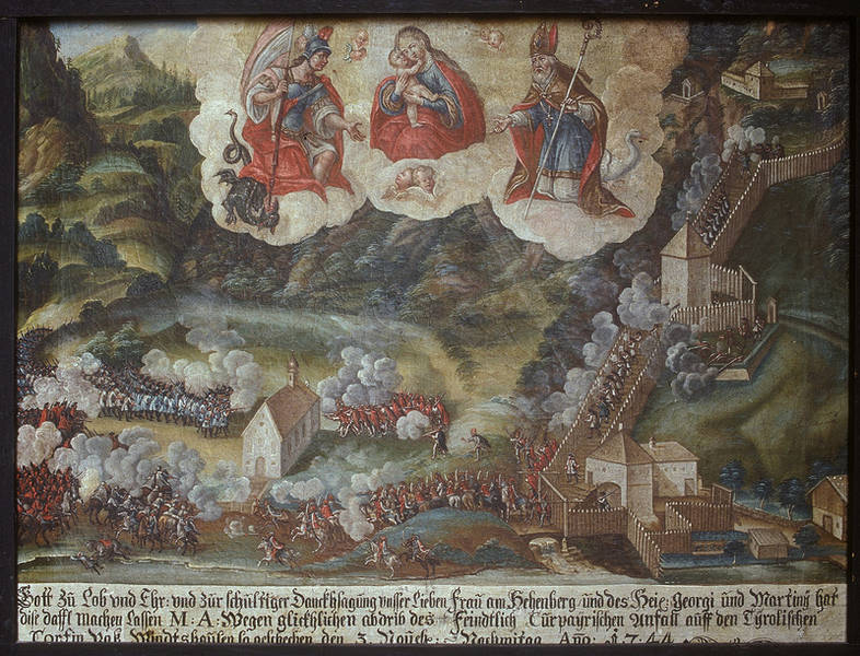 Detaillierte Wiedergabe des Schlachtgeschehens und die Hilfe der hll. Georg, Martin und der Gnadenmuttergottes vom Hechenberg