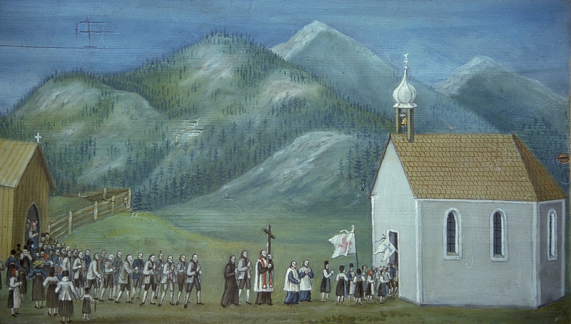 1. Tafel: Prozession mit Übertragung des Kreuzes in die 1766 erbaute Kapelle
